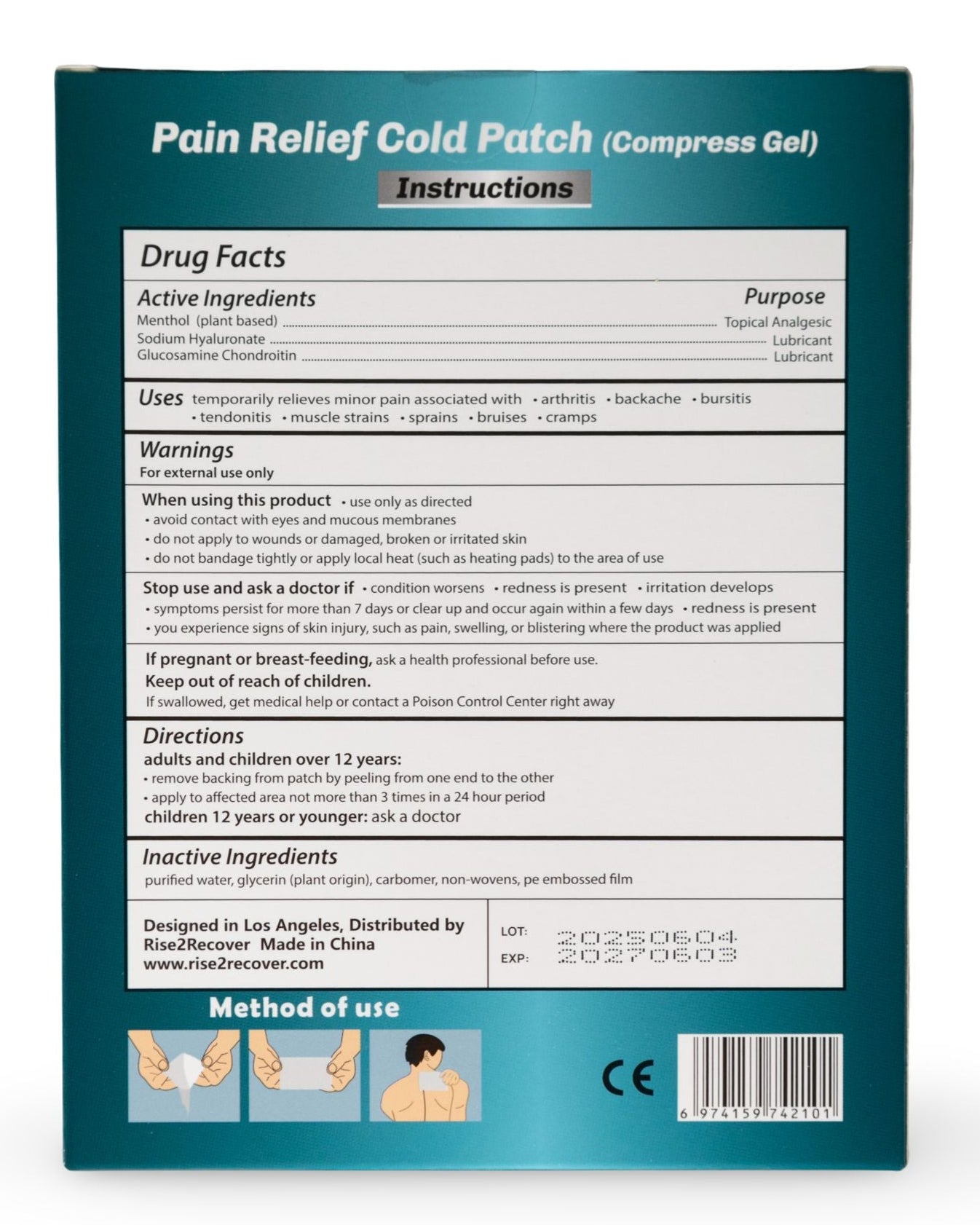 Rise2Recover Cold Gel Pain Relief Patch 12 Hour Cooling Relief for Sore Muscles & Joint Pain