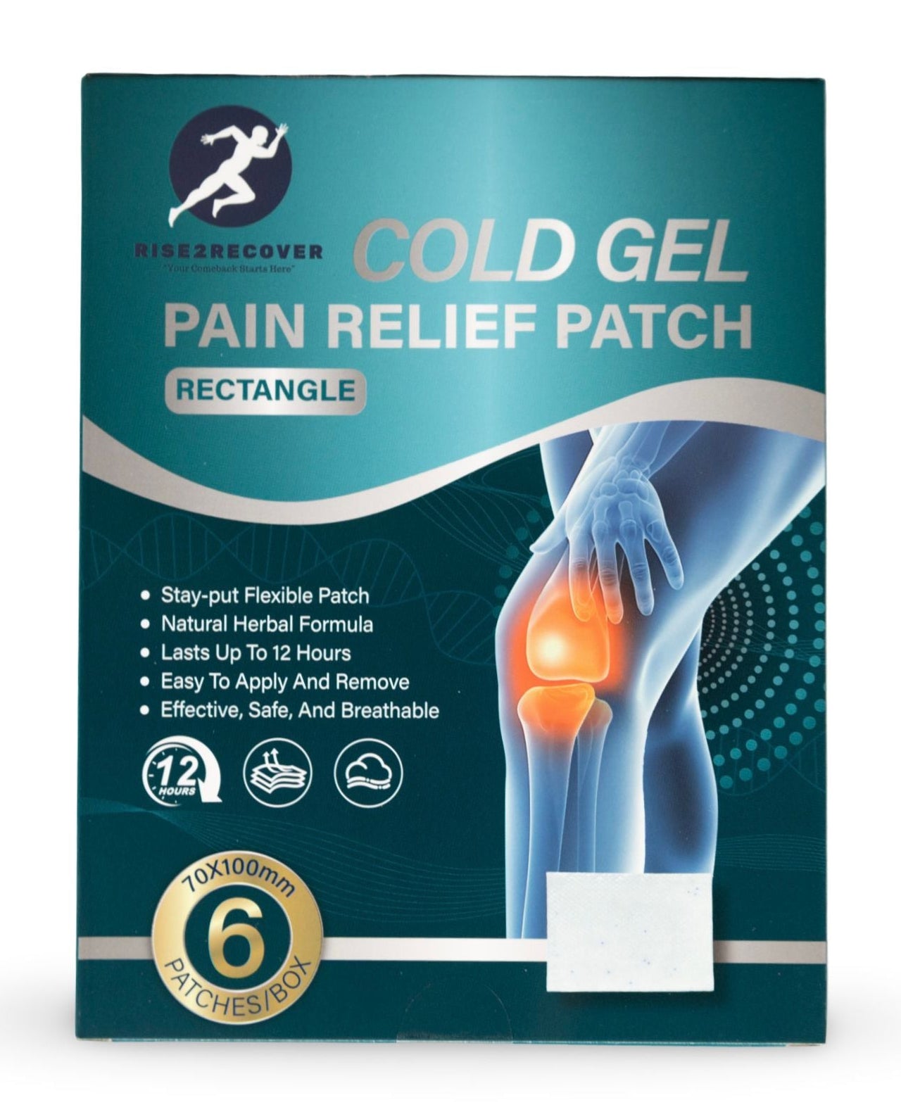 Rise2Recover Cold Gel Pain Relief Patch 12 Hour Cooling Relief for Sore Muscles & Joint Pain