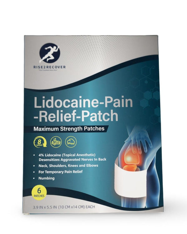 Packaging of a Lidocaine Pain Relief Patch by Rise2Recover on a white background